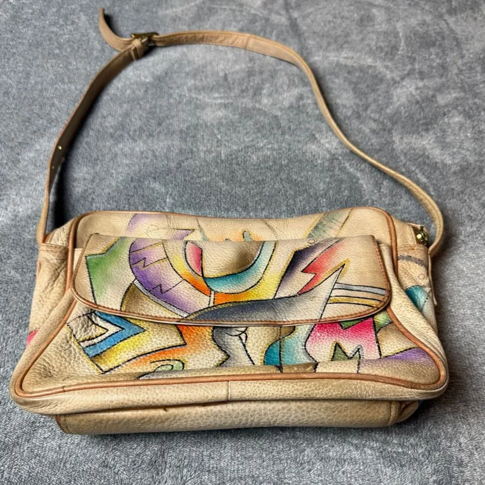 Magnifique Abstract Hand Painted Leather Crossbody Bag Beige Vintage Purse